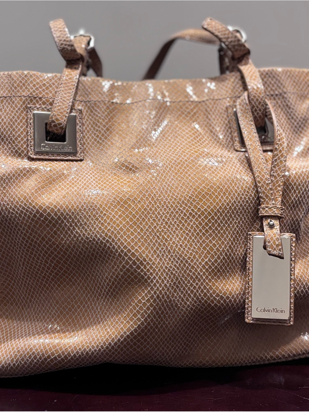 Calvin Klein Shiny Textured Tan Tote with Logo Tag